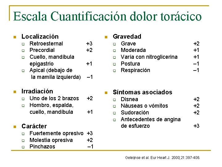 Escala Cuantificación dolor torácico n Localización q q n n Retroesternal +3 Precordial +2
