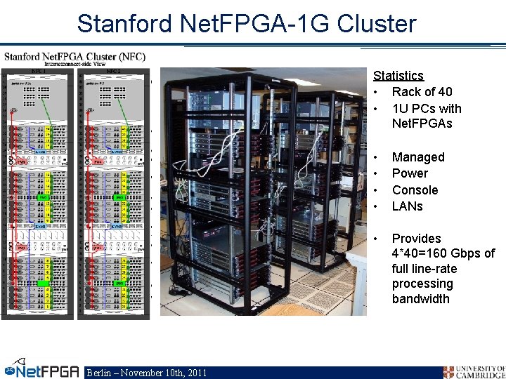Stanford Net. FPGA-1 G Cluster Statistics • Rack of 40 • 1 U PCs