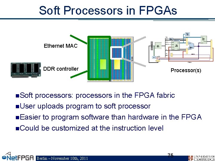 Soft Processors in FPGAs FPGA Ethernet MAC DDR controller Processor(s) n. Soft processors: processors