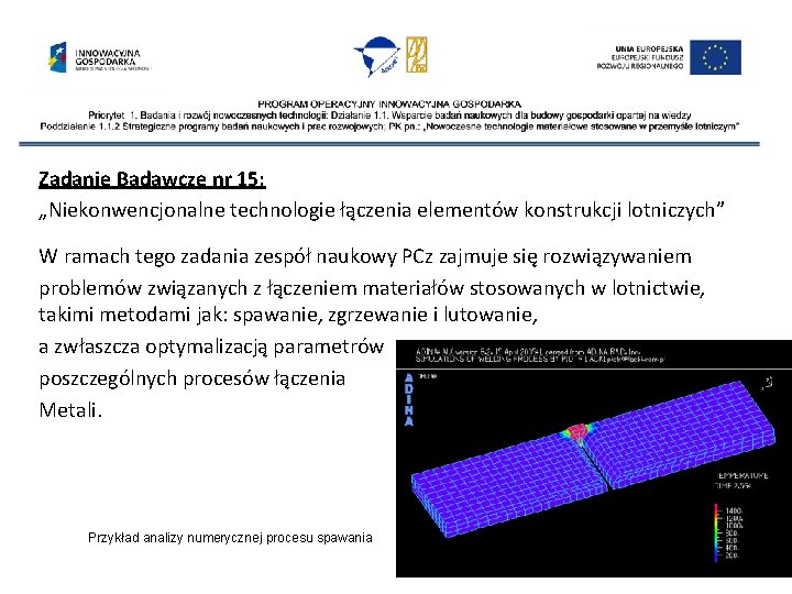 Zadanie Badawcze nr 15: „Niekonwencjonalne technologie łączenia elementów konstrukcji lotniczych” W ramach tego zadania