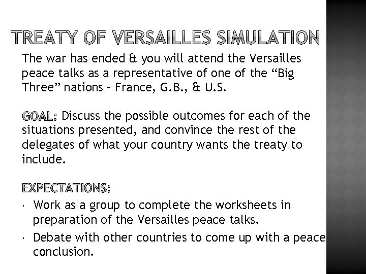 The war has ended & you will attend the Versailles peace talks as a