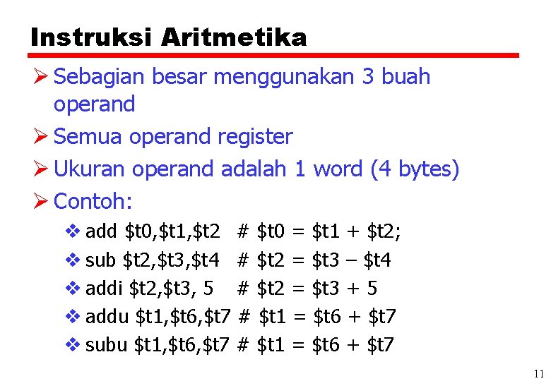Instruksi Aritmetika Ø Sebagian besar menggunakan 3 buah operand Ø Semua operand register Ø