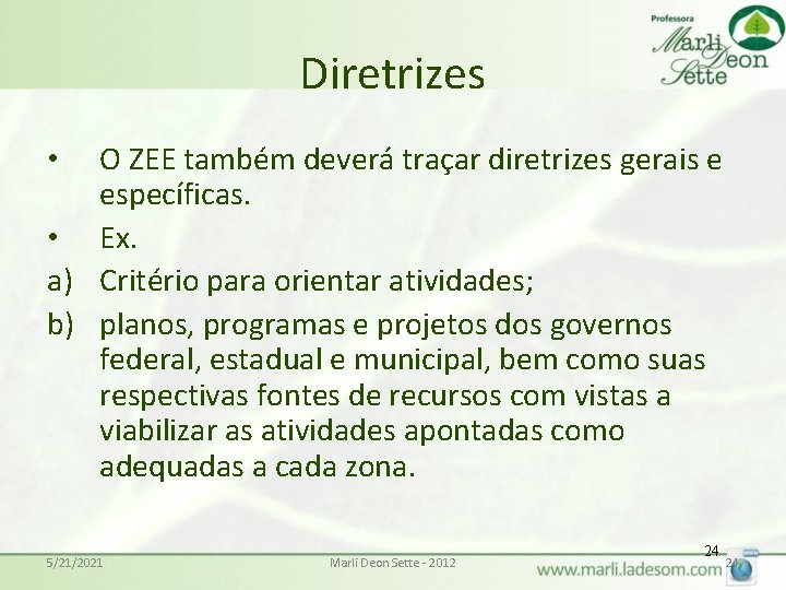 Diretrizes O ZEE também deverá traçar diretrizes gerais e específicas. • Ex. a) Critério