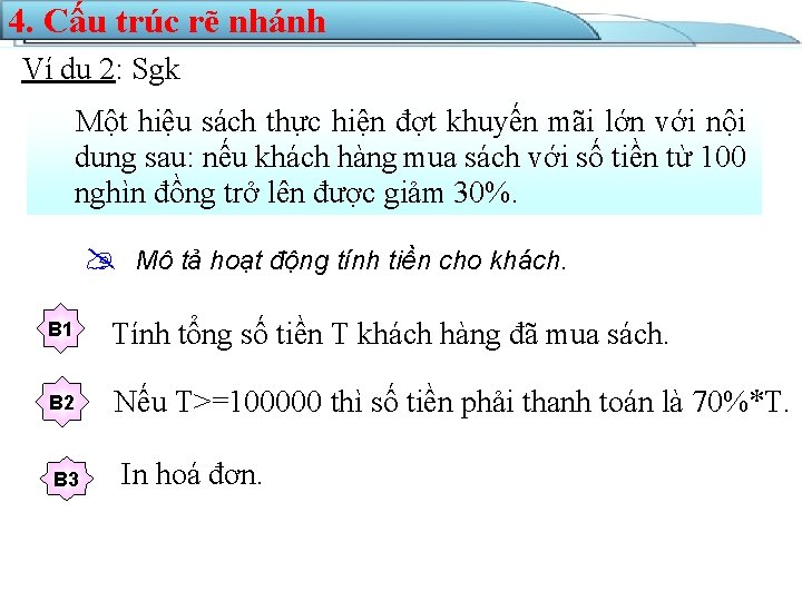 4. Cấu trúc rẽ nhánh Ví dụ 2: Sgk Một hiệu sách thực hiện