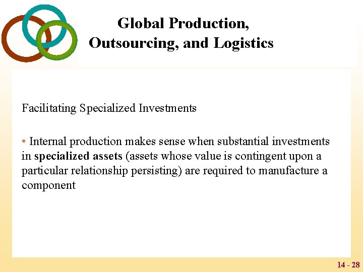 Global Production, Outsourcing, and Logistics Facilitating Specialized Investments • Internal production makes sense when