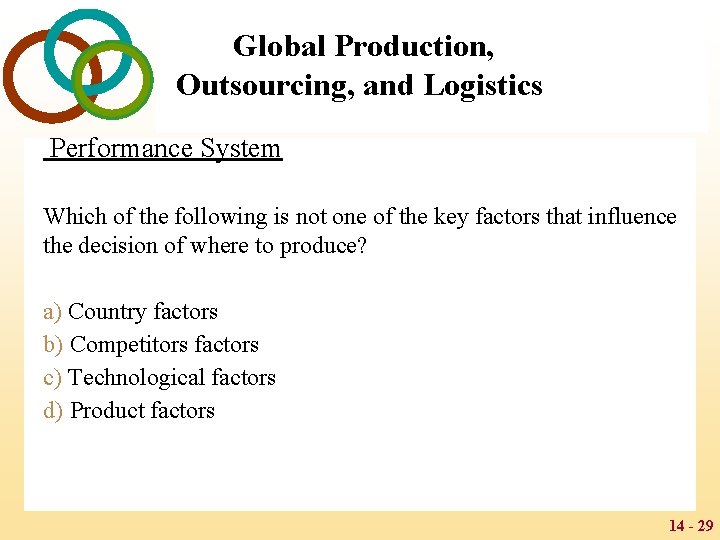 Global Production, Outsourcing, and Logistics Performance System Which of the following is not one