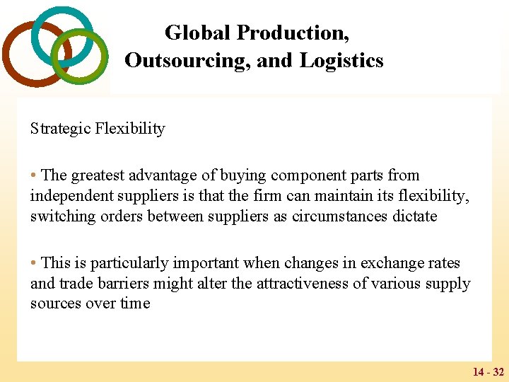 Global Production, Outsourcing, and Logistics Strategic Flexibility • The greatest advantage of buying component