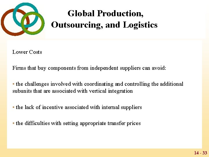 Global Production, Outsourcing, and Logistics Lower Costs Firms that buy components from independent suppliers