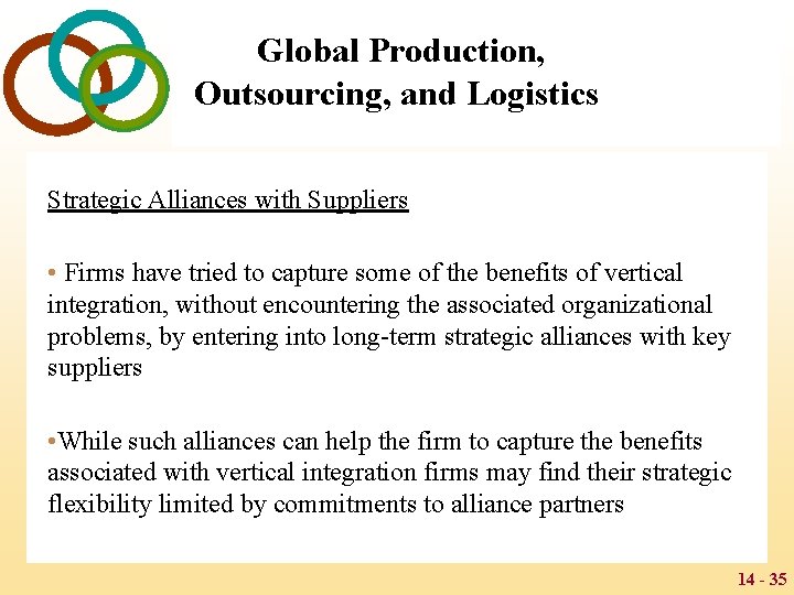 Global Production, Outsourcing, and Logistics Strategic Alliances with Suppliers • Firms have tried to