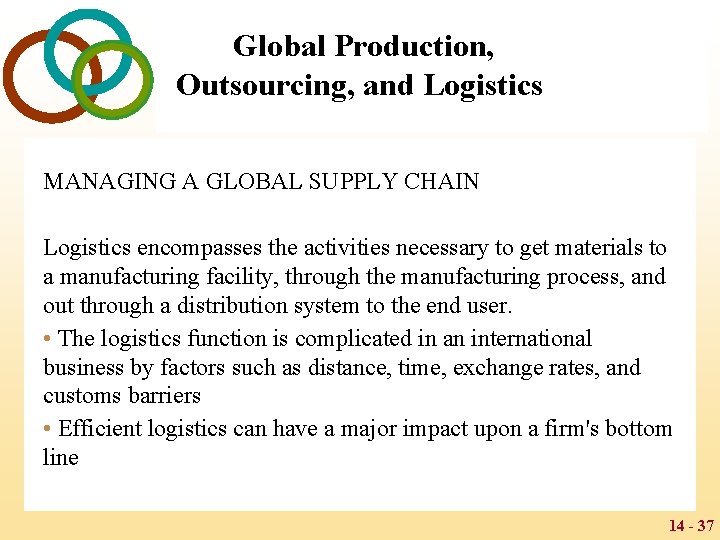 Global Production, Outsourcing, and Logistics MANAGING A GLOBAL SUPPLY CHAIN Logistics encompasses the activities