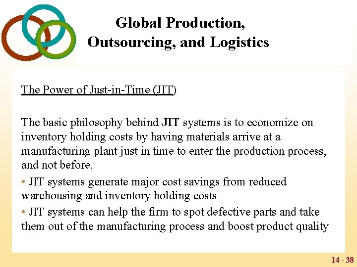Global Production, Outsourcing, and Logistics The Power of Just-in-Time (JIT) The basic philosophy behind
