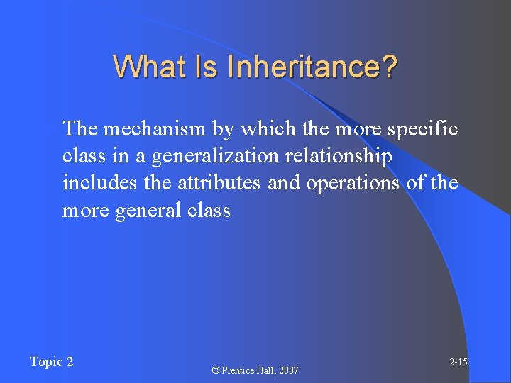 What Is Inheritance? l The mechanism by which the more specific class in a What Is Inheritance? l The mechanism by which the more specific class in a