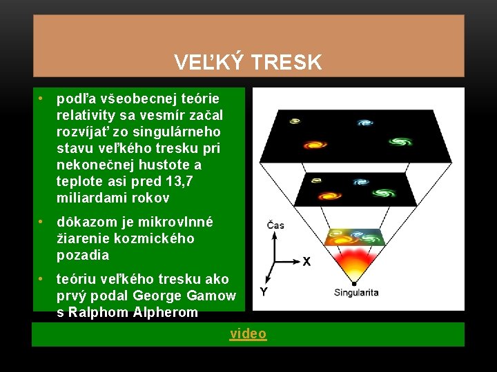 VEĽKÝ TRESK • podľa všeobecnej teórie relativity sa vesmír začal rozvíjať zo singulárneho stavu