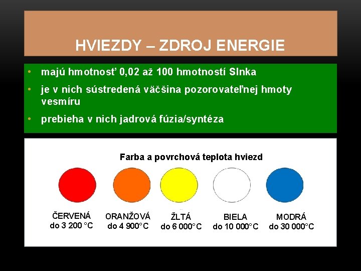 HVIEZDY – ZDROJ ENERGIE • majú hmotnosť 0, 02 až 100 hmotností Slnka •