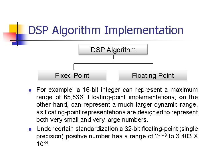 DSP Algorithm Implementation DSP Algorithm Fixed Point n n Floating Point For example, a
