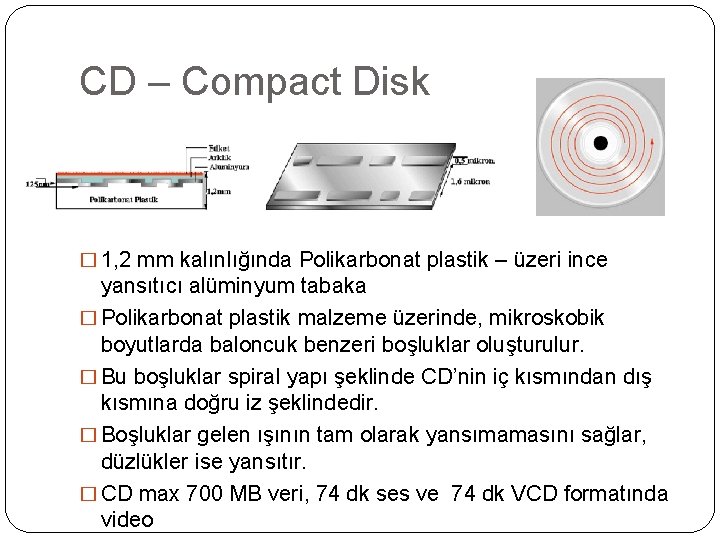 CD – Compact Disk � 1, 2 mm kalınlığında Polikarbonat plastik – üzeri ince