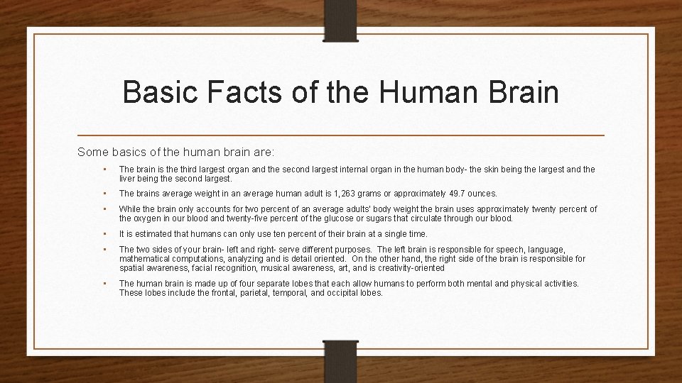Basic Facts of the Human Brain Some basics of the human brain are: •
