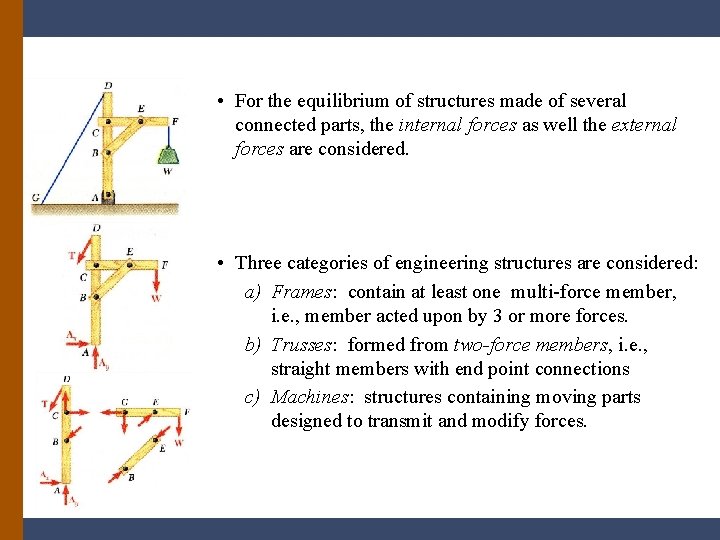  • For the equilibrium of structures made of several connected parts, the internal