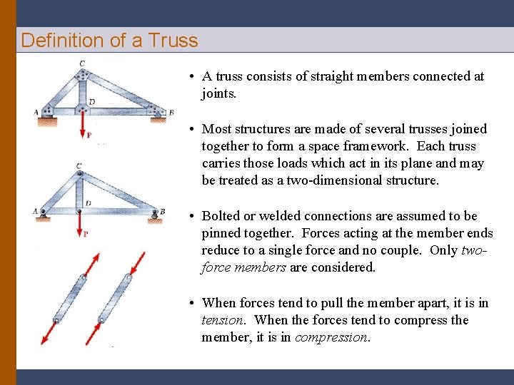 Definition of a Truss • A truss consists of straight members connected at joints.