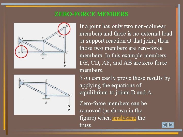 ZERO-FORCE MEMBERS If a joint has only two non-colinear members and there is no