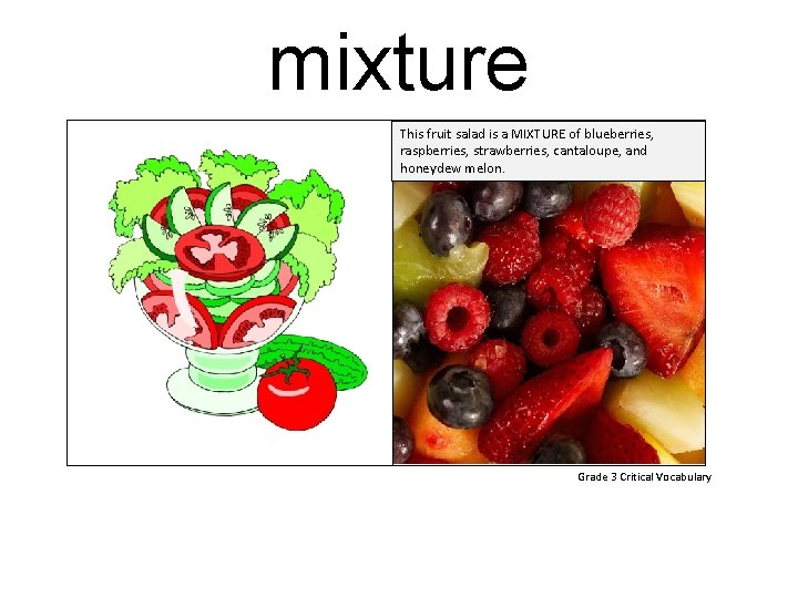 mixture This fruit salad is a MIXTURE of blueberries, raspberries, strawberries, cantaloupe, and honeydew