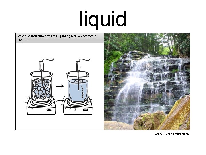 liquid When heated above its melting point, a solid becomes a LIQUID. Grade 2
