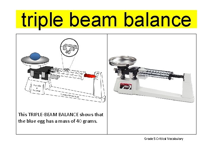 triple beam balance This TRIPLE-BEAM BALANCE shows that the blue egg has a mass