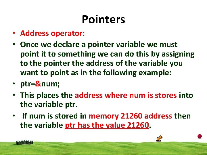 Pointers • Address operator: • Once we declare a pointer variable we must point