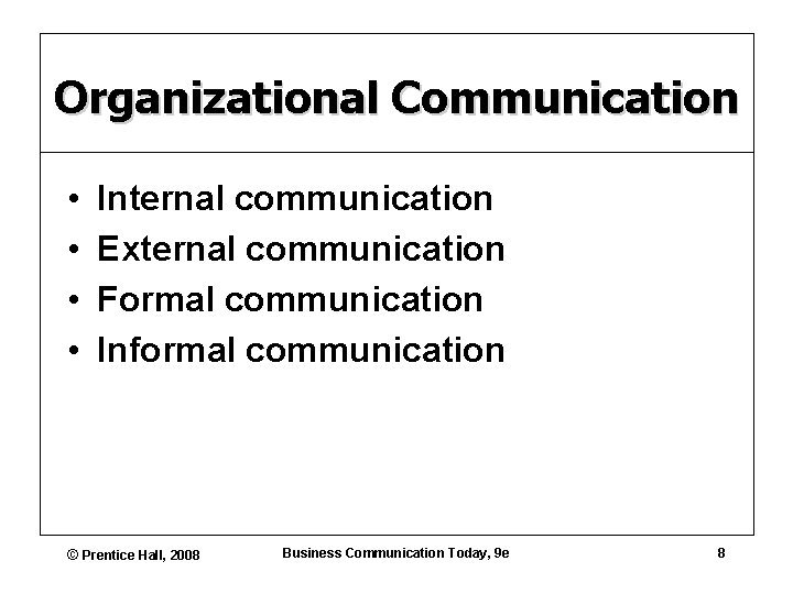 Organizational Communication • • Internal communication External communication Formal communication Informal communication © Prentice