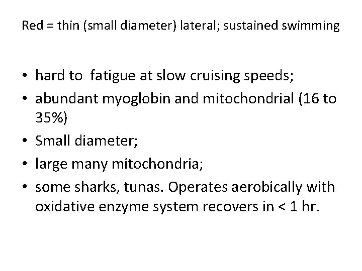 Red = thin (small diameter) lateral; sustained swimming • hard to fatigue at slow