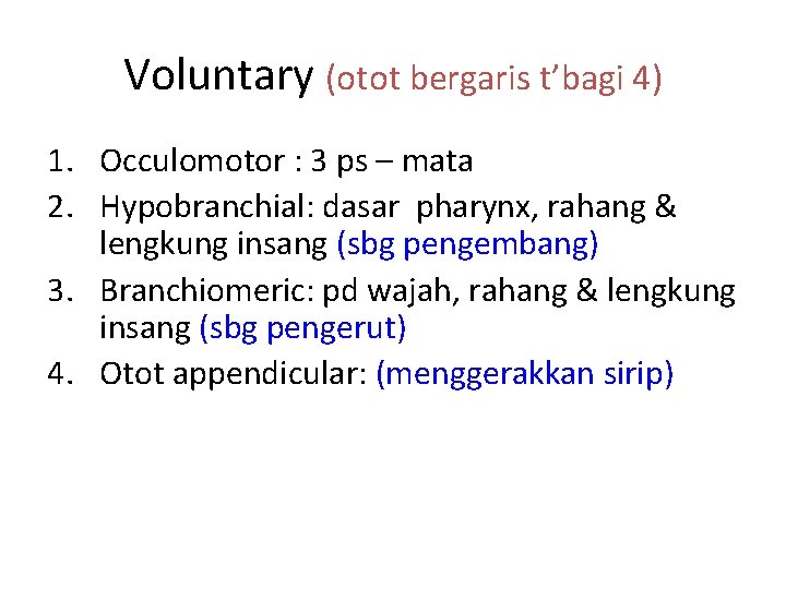 Voluntary (otot bergaris t’bagi 4) 1. Occulomotor : 3 ps – mata 2. Hypobranchial: