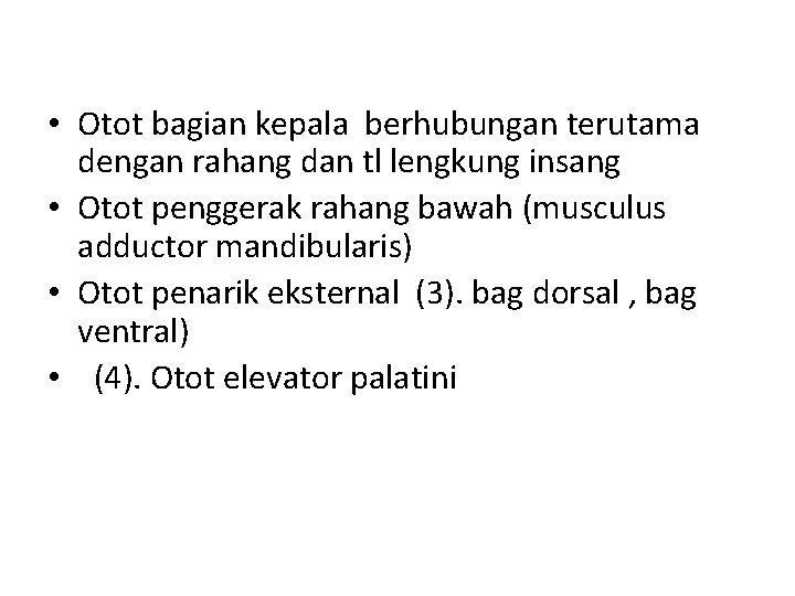  • Otot bagian kepala berhubungan terutama dengan rahang dan tl lengkung insang •