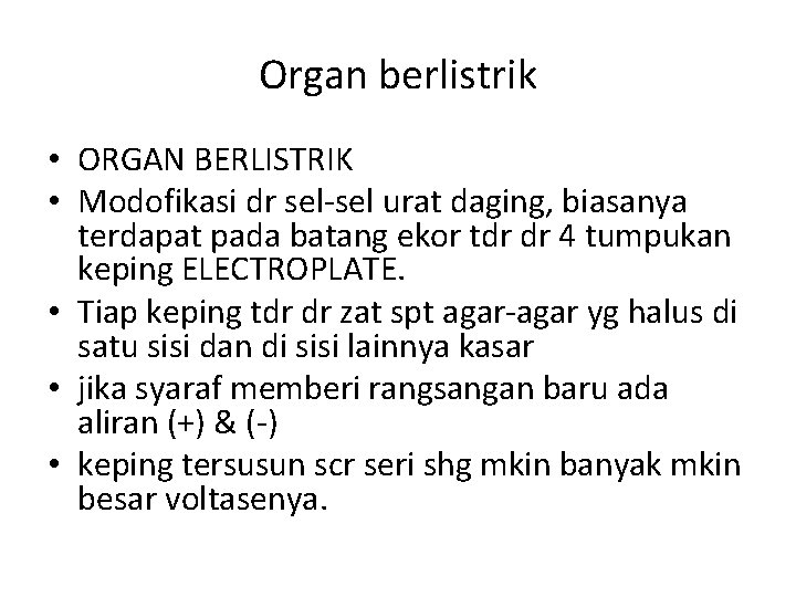Organ berlistrik • ORGAN BERLISTRIK • Modofikasi dr sel-sel urat daging, biasanya terdapat pada