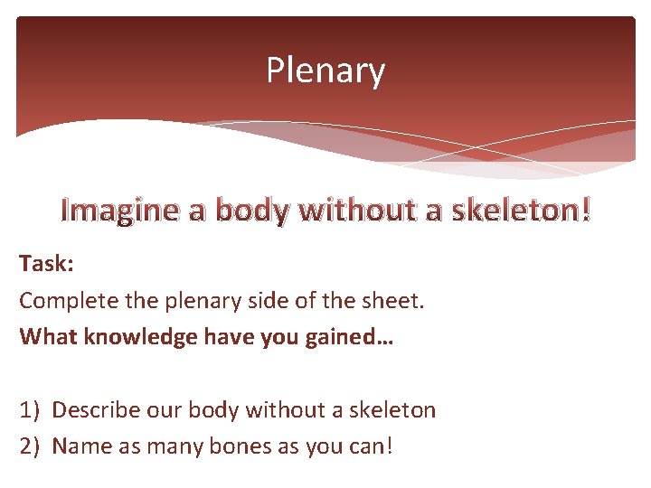 Plenary Imagine a body without a skeleton! Task: Complete the plenary side of the