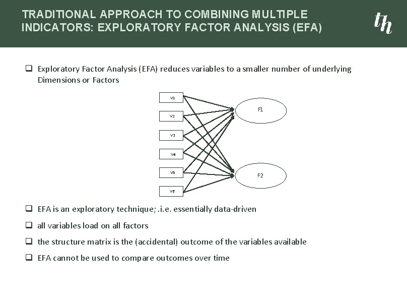 TRADITIONAL APPROACH TO COMBINING MULTIPLE INDICATORS: EXPLORATORY FACTOR ANALYSIS (EFA) q Exploratory Factor Analysis