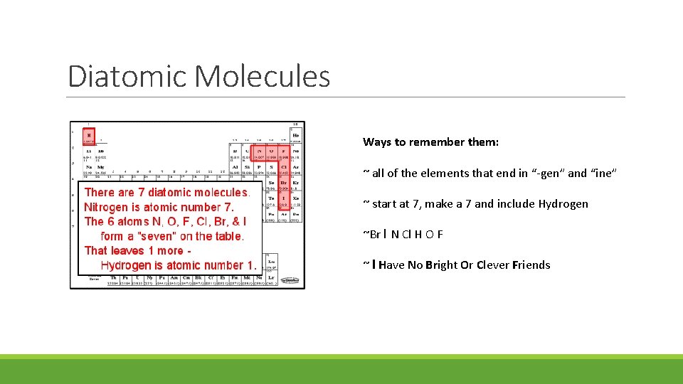 Diatomic Molecules Ways to remember them: ~ all of the elements that end in
