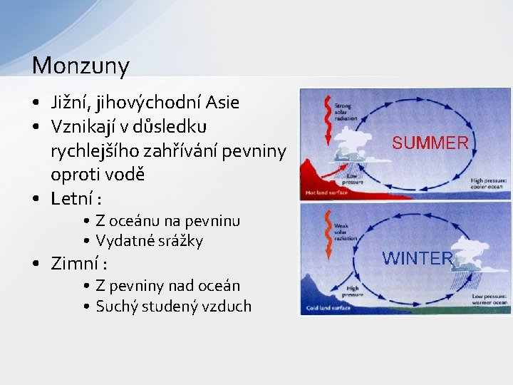 Monzuny • Jižní, jihovýchodní Asie • Vznikají v důsledku rychlejšího zahřívání pevniny oproti vodě