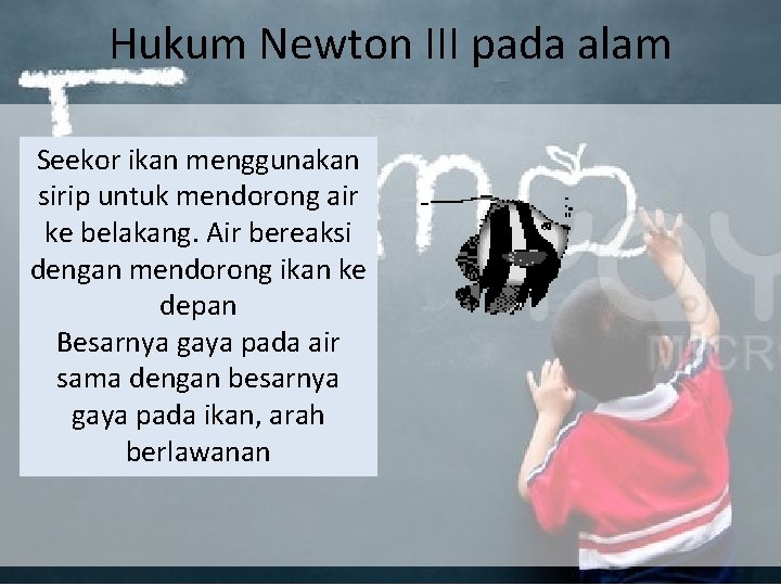 Hukum Newton III pada alam Seekor ikan menggunakan sirip untuk mendorong air ke belakang.