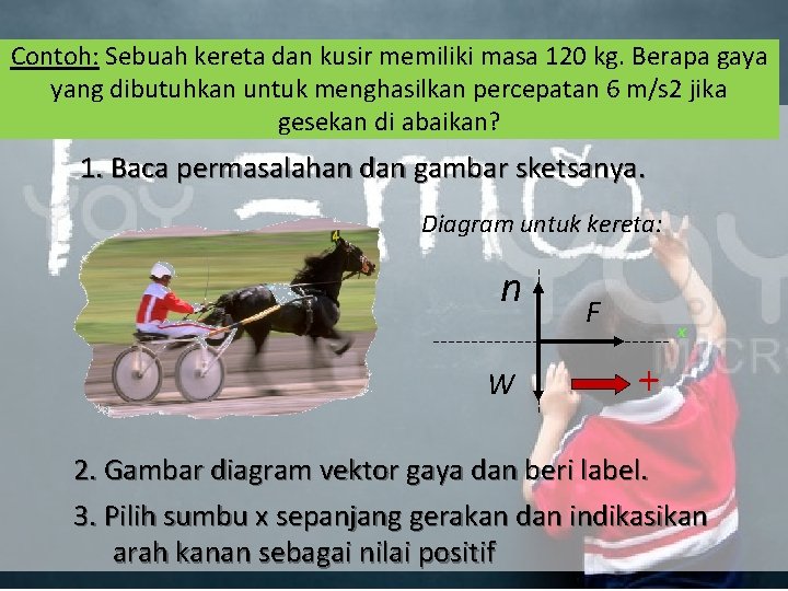 Contoh: Sebuah kereta dan kusir memiliki masa 120 kg. Berapa gaya yang dibutuhkan untuk