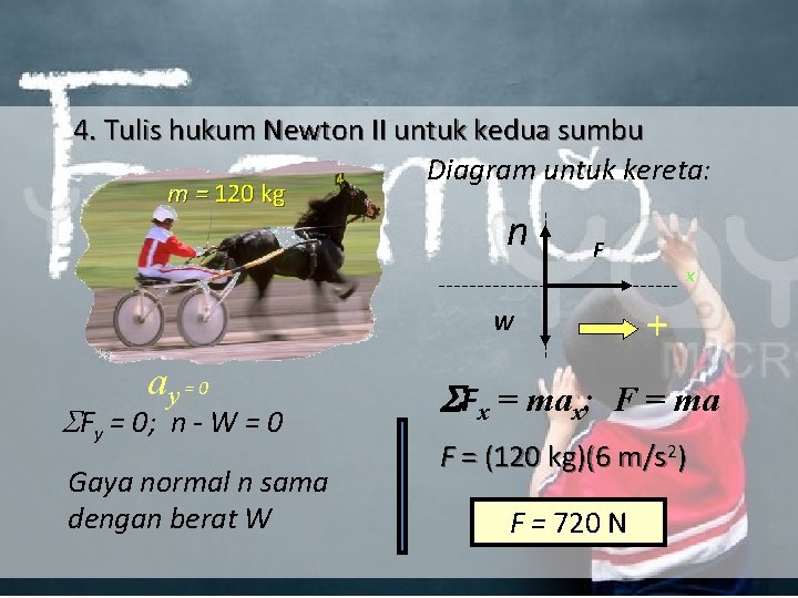 4. Tulis hukum Newton II untuk kedua sumbu Diagram untuk kereta: m = 120