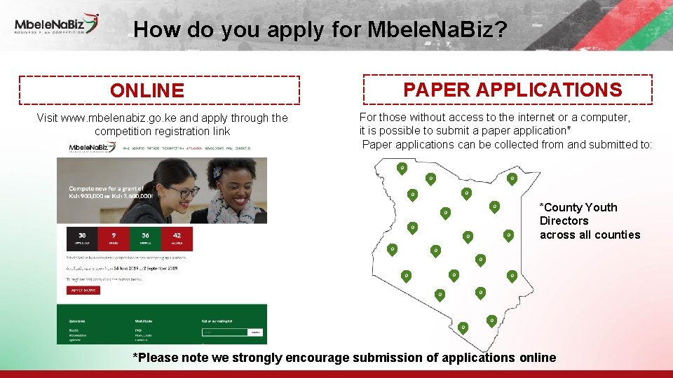 How do you apply for Mbele. Na. Biz? ONLINE Visit www. mbelenabiz. go. ke