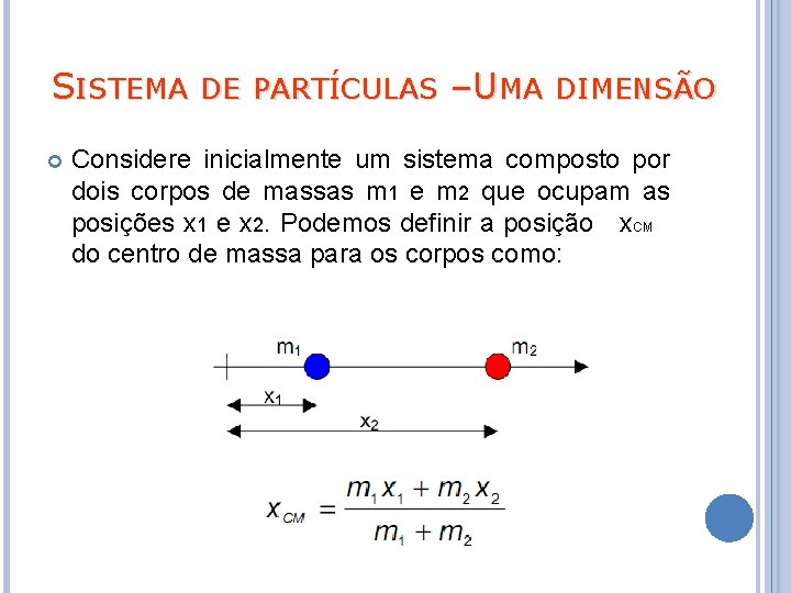 SISTEMA DE PARTÍCULAS –UMA DIMENSÃO Considere inicialmente um sistema composto por dois corpos de