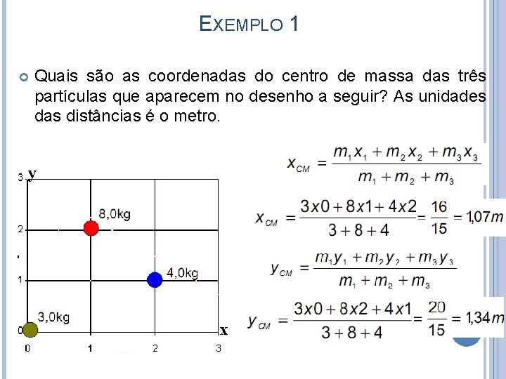 EXEMPLO 1 Quais são as coordenadas do centro de massa das três partículas que