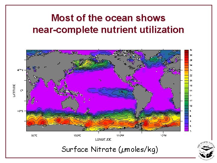 Most of the ocean shows near-complete nutrient utilization Surface Nitrate (µmoles/kg) 