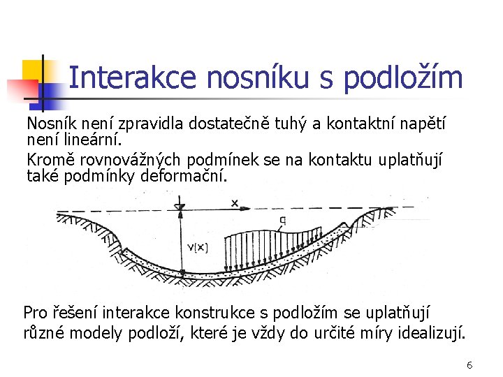 Interakce nosníku s podložím Nosník není zpravidla dostatečně tuhý a kontaktní napětí není lineární.