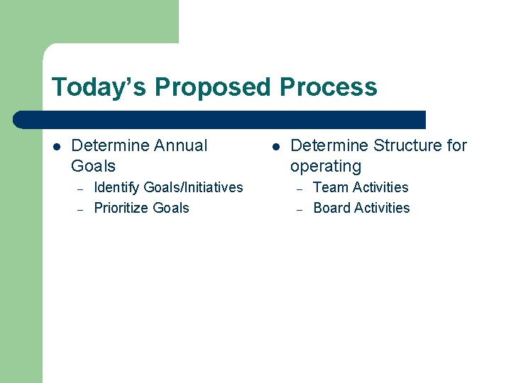 Today’s Proposed Process l Determine Annual Goals – – Identify Goals/Initiatives Prioritize Goals l