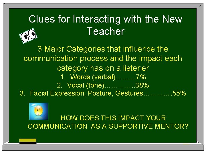 Clues for Interacting with the New Teacher 3 Major Categories that influence the communication