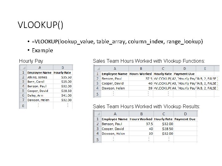 VLOOKUP() • =VLOOKUP(lookup_value, table_array, column_index, range_lookup) • Example Hourly Pay Sales Team Hours Worked