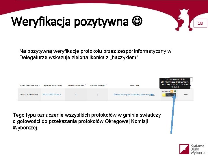 Weryfikacja pozytywna Na pozytywną weryfikację protokołu przez zespół informatyczny w Delegaturze wskazuje zielona ikonka