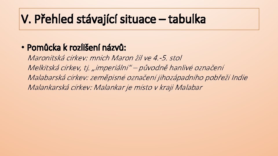 V. Přehled stávající situace – tabulka • Pomůcka k rozlišení názvů: Maronitská církev: mnich